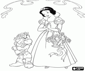 Coloriage Blanche-Neige et Grincheux avec quelques embellissements de fleurs
