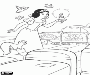 Coloriage Blanche-Neige surpris de trouver sept petits lits dans le chalet de la for�t