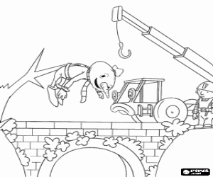 Coloriage Bob avec l'aide de la grue Coccigru du pont pour secourir Spud l'�pouvantail a �t� pendu � un arbre