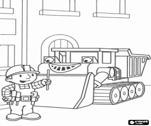 Coloriage Bob et Ben, la chenille camion, pr�t � travailler sur une rue de la ville