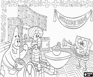 Coloriage Bob et Patrick � la soir�e de bienvenue sur la maison de Squidward apr�s son accident