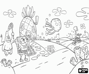 Coloriage Bob l'Eponge avec unes Jumelles, Patrick l'�toile en essayant d'attraper les m�duses devant de la maison en forme d'ananas