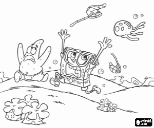 Coloriage Bob l'Eponge et Patrick l'�toile, les chasseurs de m�duses poursuivis par une m�duse 
