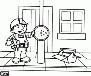 Coloriage Bob le Bricoleur � placer une signalisation routi�re