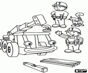 Coloriage Bob le Bricoleur, Zo� et son chat Sardine avec la grue Coccigrue en action