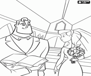 Coloriage Bob Parr et Helen tr�s heureux dans l'�glise pendant son mariage et avec des v�tements �l�gants