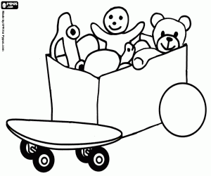 Coloriage Bo�te � jouets ouverte avec une planche � roulettes, une balle et une poup�e