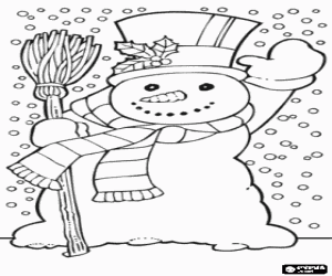 Coloriage Bonhomme de neige avec chapeau, une �charpe et un balai lors d'une chute de neige