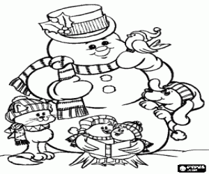 Coloriage Bonhomme de neige avec ses amis les animaux: quelques oiseaux, un chien et un chat, tous avec casquettes et chapeaux