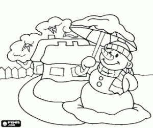Coloriage Bonhomme de neige avec un parapluie pr�s d'une maison