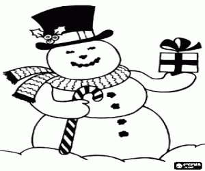 Coloriage Bonhomme de neige, portant un chapeau et une �charpe, avec une canne et un cadeau dans les mains