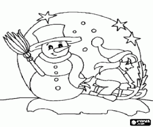Coloriage Bonhomme de neige sous les �toiles � proximit� d'un enfant qu'il va en tra�neau