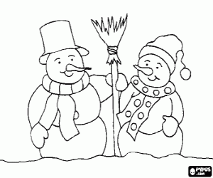 Coloriage Bonhommes de neige avec �charpes, chapeaus et un balai