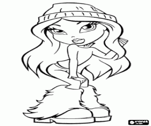 Coloriage Bratz en hiver avec des v�tements chauds, bonnet de laine, un pull � col roul� et bottes en fourrure
