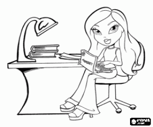 Coloriage Bratz �tudier avec des livres et un ordinateur portable ou laptop