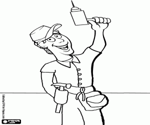 Coloriage Bricoleur pr�t � travailler avec une perceuse et autres outils