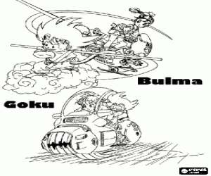 Coloriage Bulma � la recherche des Dragon Balls, avec l'aide de leurs v�hicules technologiques et de Goku