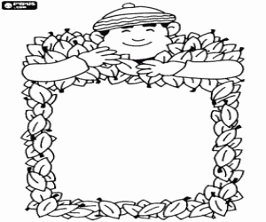 Coloriage Cadre pour un dessin fait avec des feuilles et un petit gar�on coiff� d'une casquette que vous voule recollir avec leurs mains