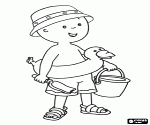 Coloriage Caillou � la plage avec un chapeau, un flotteur, un seau et une pelle pour le jeu de sable