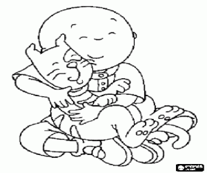 Coloriage Caillou assis sur le plancher et prendrant dans ses bras son chat Gilbert