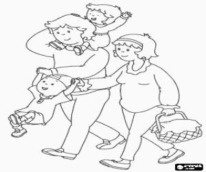 Coloriage Caillou de marche avec sa famille, son p�re, Boris avec sa s�ur Mousseline sur ses �paules et sa m�re Doris