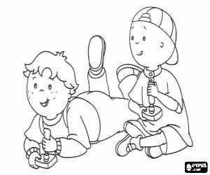 Coloriage Caillou et L�o en jouant � un jeu vid�o