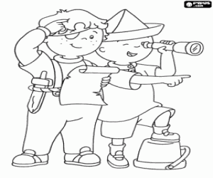 Coloriage Caillou et L�o en jouant des pirates et � la recherche d'un tr�sor avec la carte