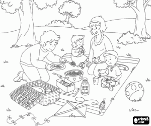 Coloriage Caillou et sa famille ayant un pique-nique � la campagne
