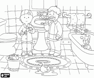 Coloriage Caillou et son ami Leo en brossent ses dents dans la salle de bains