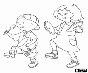 Coloriage Caillou et son ami Sara jouant � faire de la musique avec des pots