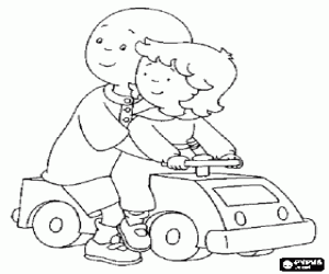 Coloriage Caillou mont� sur une petite voiture jouet avec sa s�ur Mousseline