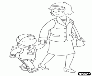 Coloriage Caillou va � l'�cole avec son sac � dos et de la main de sa m�re