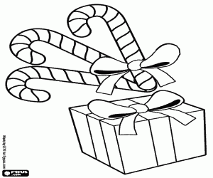 Coloriage Cannes de sucrerie,avec un ruban et la bo�te d'un cadeau avec un n�ud 
