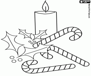 Coloriage Cannes de sucrerie, une bougie allum�e et un brin de houx aux baies rouges