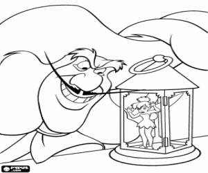 Coloriage Capitaine Crochet contemplant son prisonni�re, la f�e Clochette