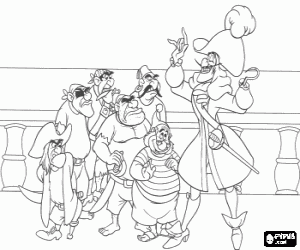 Coloriage Capitaine Crochet et ses pirates sur le pont de son bateau