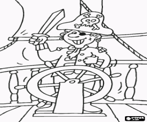 Coloriage Capitaine pirate � la barre de son bateau avec son chapeau, l'oeil le couvercle et l'�p�e � la main