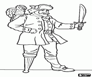 Coloriage Capitaine pirate avec la jambe de bois, une machette � la main et perroquet sur l'�paule