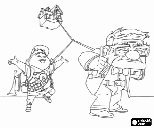 Coloriage Carl et Russell en chargeant � j'ai piaill� avec la maison volante dans son voyage vers les territoires sauvages