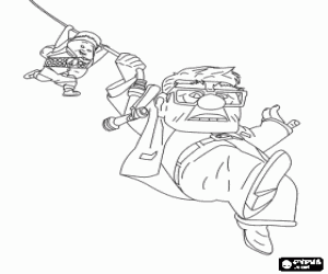 Coloriage Carl et Russell en volant par le ciel saisis au c�ble qui accroche de la maison volante