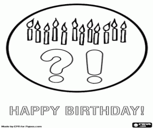 Coloriage Carte d'anniversaire avec des bougies et des points d'interrogation et d'exclamation