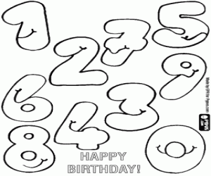 Coloriage Carte d'anniversaire avec des nombres souriant de 0 � 9
