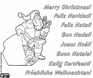 Coloriage Carte de No�l avec le P�re No�l et son sac de jouets