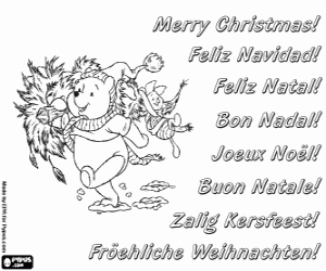 Coloriage Carte de No�l avec Winnie l'ourson portant un sapin