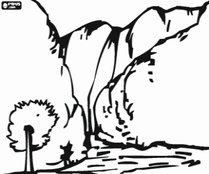 Coloriage Cascade ou chute d'eau dans les montagnes avec un arbre � l'avant-plan