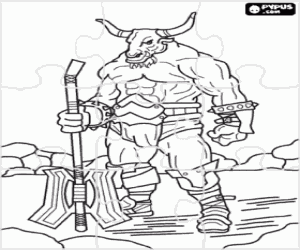 Coloriage Casse-t�te de Minotaure - Puzzle de Monstre g�ant � corps humain et la t�te de taureau comme un guerrier arm�