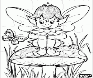 Coloriage Casse-t�te de Petit elfe ou lutin assis sur un champignon en regardant le vol d'un papillon