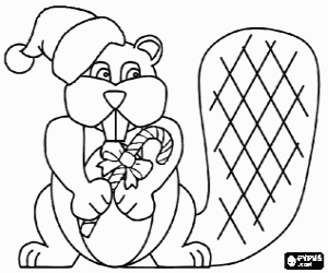 Coloriage Castor avec un chapeau de P�re No�l et une canne en sucre