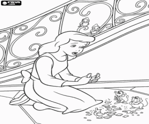 Coloriage Cendrillon d�sol� avec des morceaux de pantoufle de verre et de ses amis, les souris Gus et Jaq