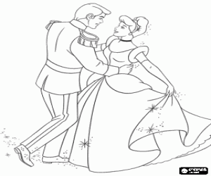Coloriage Cendrillon et le Prince en dansant amoreux dans la grande danse de palais